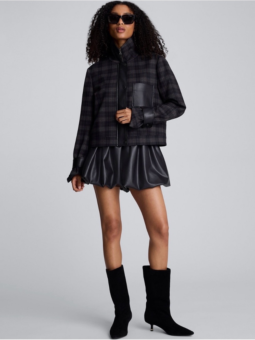 Kenneth Cole Black Gray Plaid Leather-Trim Jacket